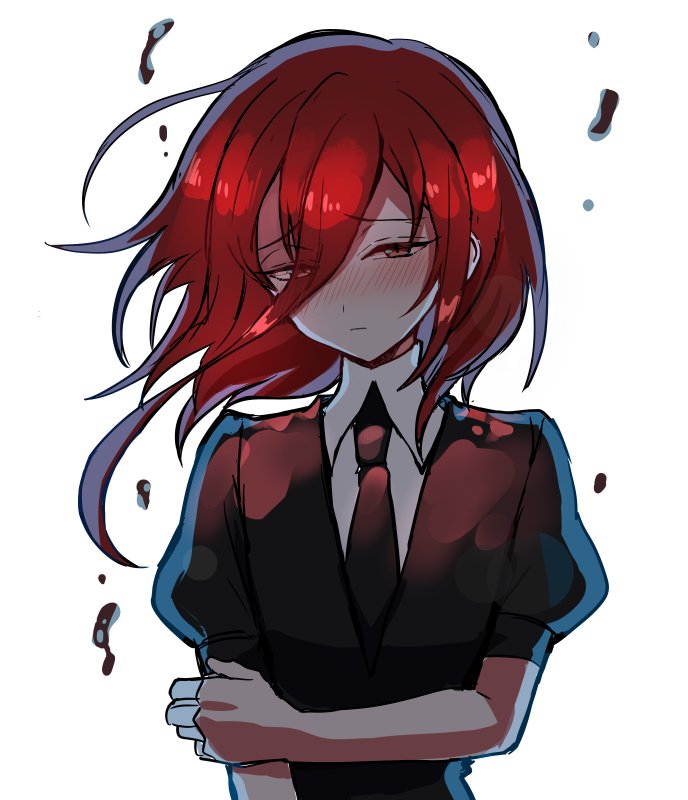 1other androgynous blush eyes_visible_through_hair gem_uniform_(houseki_no_kuni) hair_between_eyes holding_own_arm houseki_no_kuni long_bangs looking_at_viewer mercury necktie red_eyes redhead shinsha_(houseki_no_kuni) short_hair solo tpi_ri white_background