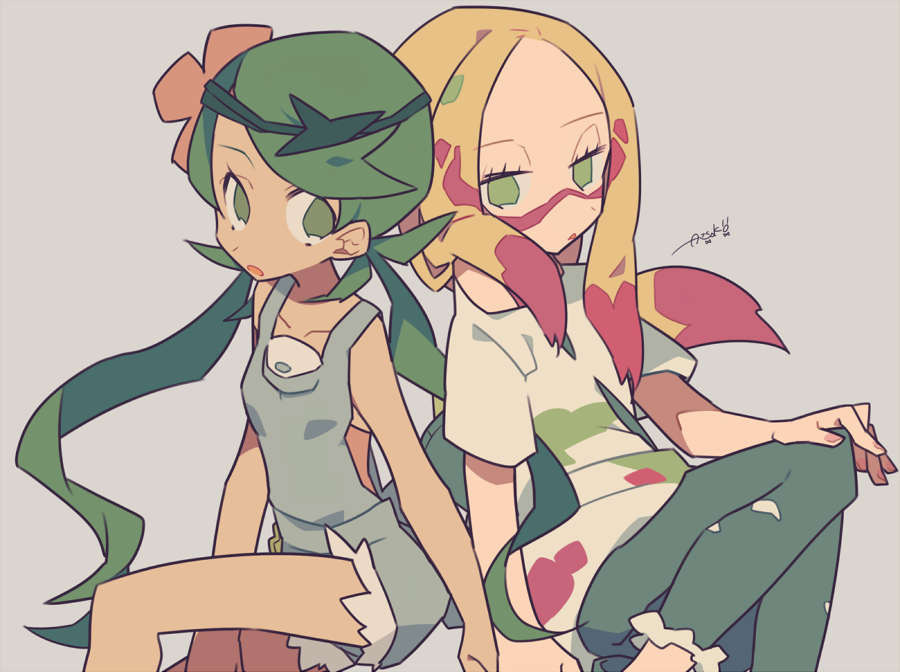 2girls auko back-to-back bare_arms blonde_hair blue_pants breasts dark_skin eyelashes facepaint flower green_eyes grey_background grey_hair half-closed_eyes headband long_hair mallow_(pokemon) matsurika_(pokemon) multiple_girls no_pupils open_mouth oversized_clothes oversized_shirt pants pink_flower pokemon pokemon_(game) pokemon_sm shirt short_sleeves signature small_breasts t-shirt trial_captain twintails white_shirt