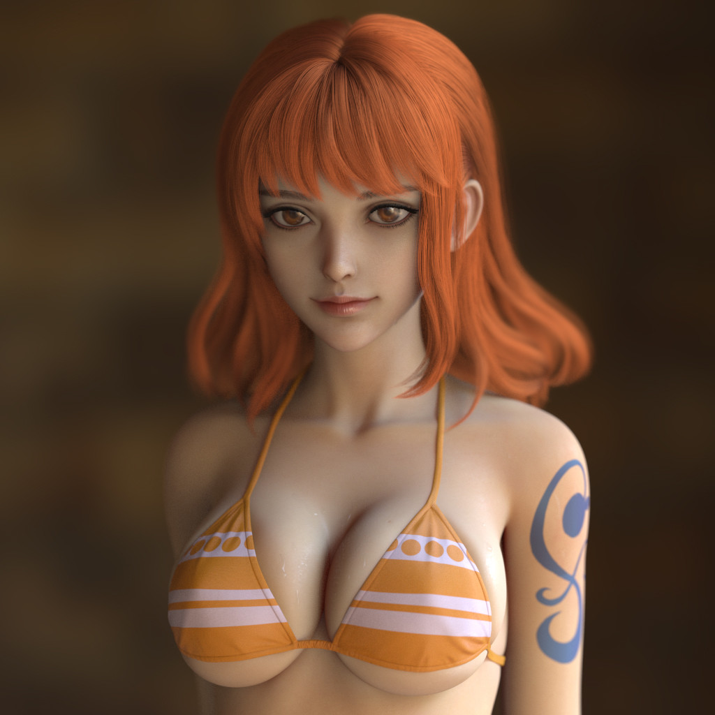 1girl arms_at_sides bangs bikini bikini_top breasts brown_eyes cleavage collarbone large_breasts long_hair looking_at_viewer nami_(one_piece) one_piece orange_bikini_top orange_hair shadow shousizhe simple_background solo standing sweat swimsuit tattoo under_boob upper_body wet