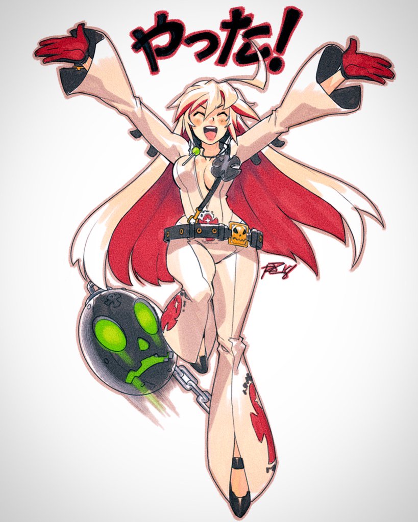 1girl ^_^ ahoge ankh ball_and_chain_restraint bellbottoms belt blush_stickers bodysuit breasts closed_eyes commentary english_commentary full_body guilty_gear guilty_gear_xrd huge_ahoge jack-o'_valentine jack-o_(guilty_gear) loose_belt marker_(medium) medium_breasts multicolored_hair outstretched_arms plunging_neckline redhead robert_porter solo traditional_media two-tone_hair white_hair wide_hips