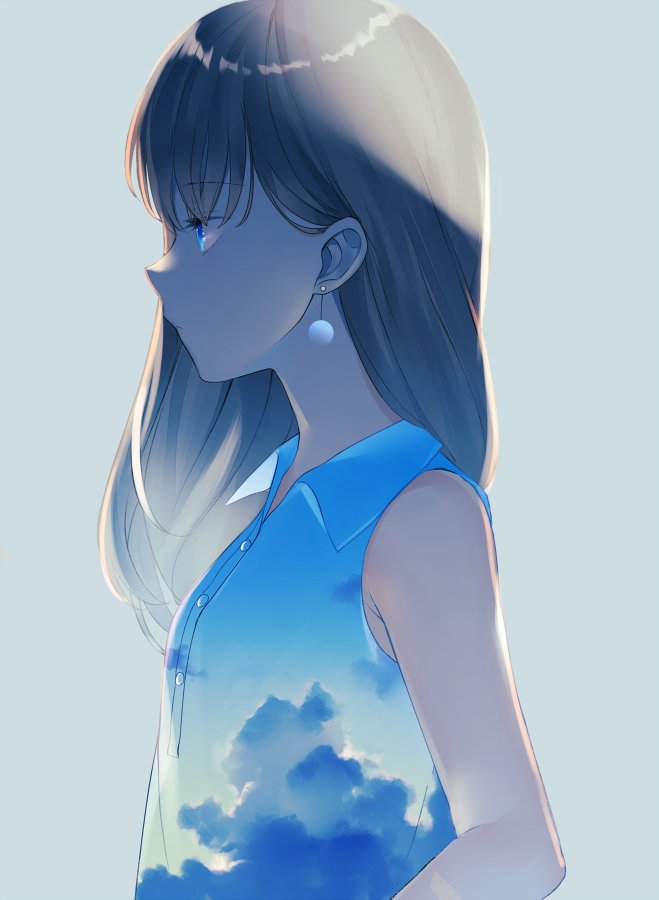 1girl achiki bangs bare_arms bare_shoulders blue_eyes brown_hair buttons clouds cloudy_sky collared_shirt commentary_request earrings eyebrows_visible_through_hair grey_background hair_between_eyes jewelry long_hair looking_away nose original profile shirt simple_background sky sky_print sleeveless sleeveless_shirt solo upper_body wing_collar