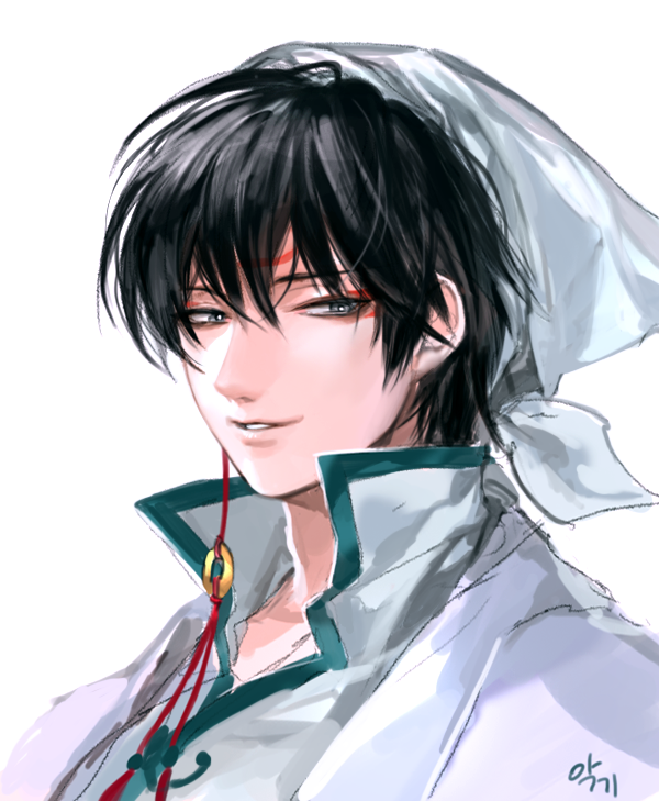 1boy akgi black_hair grin hakutaku_(hoozuki_no_reitetsu) hoozuki_(hoozuki_no_reitetsu) looking_at_viewer male_focus red_string shirt simple_background smile solo string white_background white_coat white_shirt