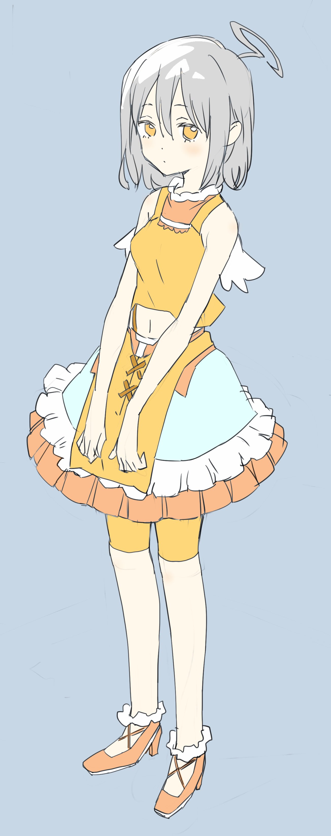 1girl absurdres ahoge bare_arms bare_shoulders blue_background brown_footwear closed_mouth copyright_request donguri_suzume full_body grey_hair highres kneehighs light_blush looking_at_viewer navel orange_eyes shoes short_hair simple_background solo standing vest white_legwear yellow_vest