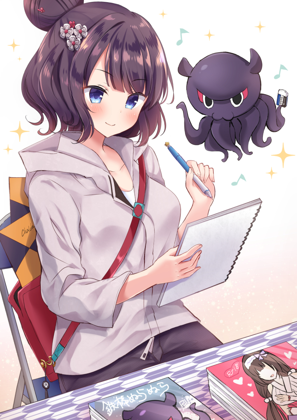 1girl blue_eyes blush book breasts brown_background brown_hair chair eraser fate/grand_order fate_(series) flower gradient gradient_background grey_hoodie hair_bun hair_flower hair_ornament highres holding_notepad katsushika_hokusai_(fate/grand_order) long_sleeves masayo_(gin_no_ame) mechanical_pencil musical_note notepad octopus on_chair pencil short_hair sitting smile solo sparkle sparkle_background white_background