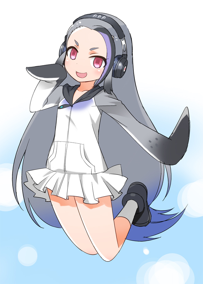 1girl black_footwear circle commentary_request full_body giant_penguin_(kemono_friends) grey_hair grey_legwear headphones highlights hood hoodie jumping kemono_friends long_hair long_sleeves looking_at_viewer miniskirt multicolored_hair open_mouth pink_eyes pleated_skirt raglan_sleeves shirt shoes skirt smile socks solo thick_eyebrows umekichi very_long_hair white_shirt white_skirt