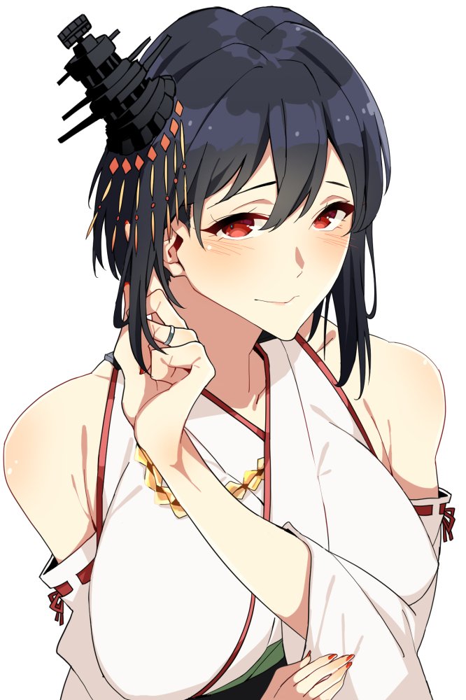1girl asakawa_(outeq) bare_shoulders black_hair blush breasts closed_mouth collarbone commentary fingernails hair_between_eyes hair_ornament japanese_clothes jewelry kantai_collection long_sleeves looking_at_viewer medium_hair nontraditional_miko red_eyes red_ribbon ribbon ribbon-trimmed_sleeves ribbon_trim ring simple_background smile solo upper_body wedding_band white_background wide_sleeves yamashiro_(kantai_collection)