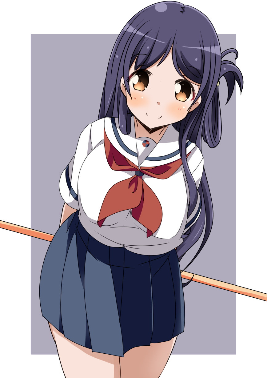 1girl black_hair blue_skirt breasts brown_eyes eyebrows_visible_through_hair high_school_fleet highres large_breasts long_hair marikouji_kaede naruse_mai neckerchief one_side_up pleated_skirt red_neckwear sailor_collar school_uniform serafuku short_sleeves simple_background skirt smile solo staff uniform white_background white_sailor_collar yokosuka_girls_marine_high_school_uniform