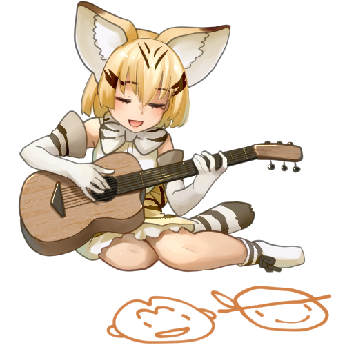 1girl :d animal_ears blush bow bowtie cat_ears cat_tail closed_eyes commentary drawing elbow_gloves full_body gloves guitar instrument kemono_friends lowres music open_mouth playing_instrument sand_cat_(kemono_friends) shirt short_hair simple_background sitting sleeveless sleeveless_shirt smile solo striped_tail tail welt_(kinsei_koutenkyoku) white_background yokozuwari