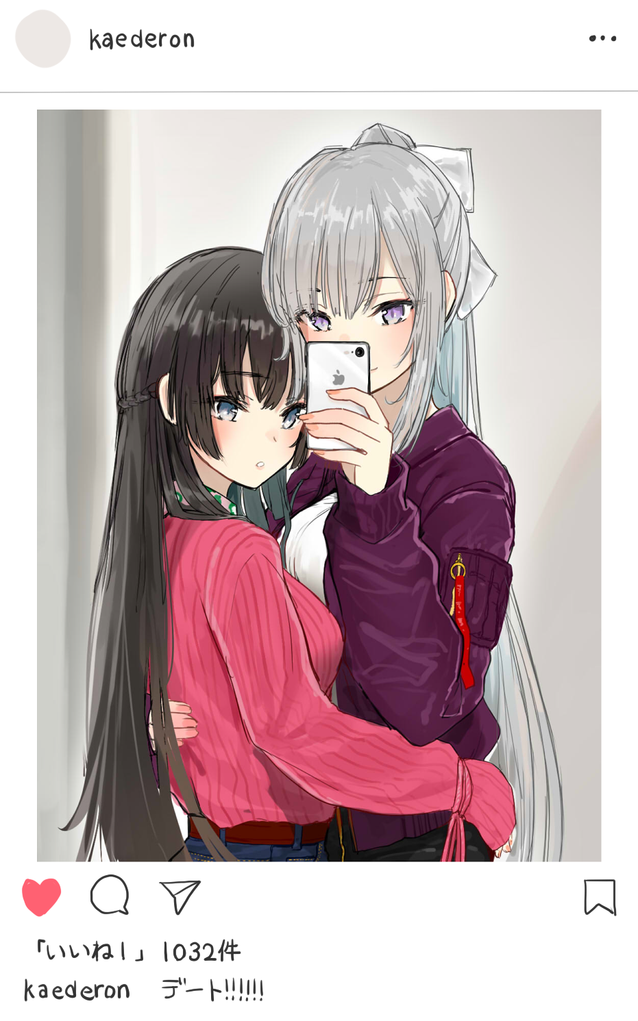 :o apple_inc. bangs black_hair blue_eyes bow braid cellphone cellphone_camera closed_mouth commentary_request crown_braid eyebrows_visible_through_hair hair_bow half-closed_eyes highres higuchi_kaede holding holding_cellphone holding_phone instagram iphone light_smile long_hair long_sleeves nijisanji open_mouth phone phone_screen ponytail raised_eyebrows self_shot shiny shiny_hair silver_hair smartphone suto_(iamsuto) thick_eyebrows translated tsukino_mito very_long_hair violet_eyes virtual_youtuber white_bow yuri