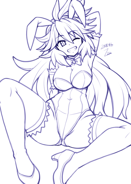 1girl amou_kanade animal_ears arm_behind_head armpits artist_name bow bowtie breasts bunny_girl bunnysuit cleavage dated detached_collar grin hair_between_eyes high_heels large_breasts leotard long_hair looking_at_viewer monochrome one_eye_closed rabbit_ears senki_zesshou_symphogear smile solo spread_legs wrist_cuffs zetsumu