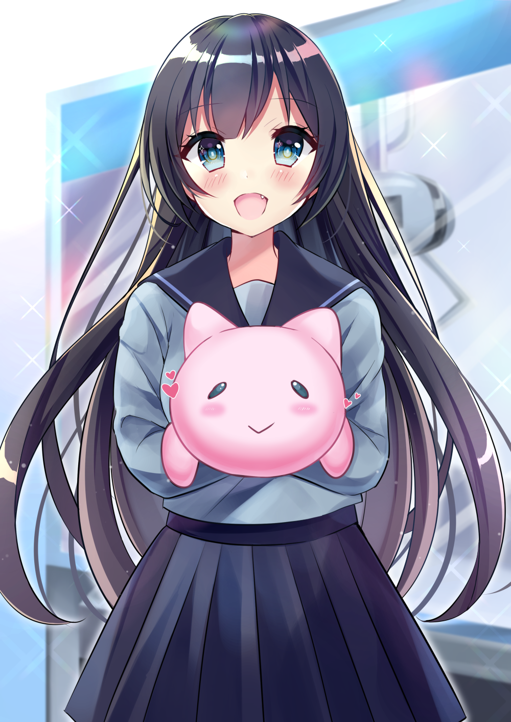 1girl :d bangs black_hair black_sailor_collar black_skirt blue_eyes blue_shirt blurry blurry_background blush commentary_request depth_of_field eyebrows_visible_through_hair fang heart highres holding holding_stuffed_animal long_hair long_sleeves looking_at_viewer minami_saki open_mouth original pleated_skirt sailor_collar school_uniform serafuku shirt skirt smile solo stuffed_animal stuffed_cat stuffed_toy very_long_hair