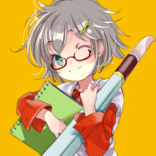 1girl ;) awai giant_brush glasses green_eyes green_hairclip grey_hair hair_ornament holding_notepad long_sleeves looking_at_viewer notepad one_eye_closed original paintbrush red-framed_eyewear red_shirt shirt short_hair simple_background smile solo vest white_vest x_hair_ornament yellow_background
