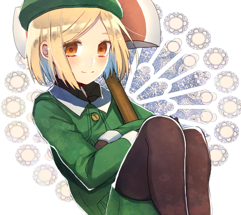 1girl axe bangs beret black_gloves black_shirt blonde_hair buttons closed_mouth coat collared_shirt eyebrows_visible_through_hair fate/grand_order fate_(series) fetal_position gloves green_coat green_hat hat kanasiinezimakineko light_blush long_sleeves looking_at_viewer object_hug orange_eyes panties parted_bangs paul_bunyan_(fate/grand_order) shirt short_hair smile solo underwear weapon