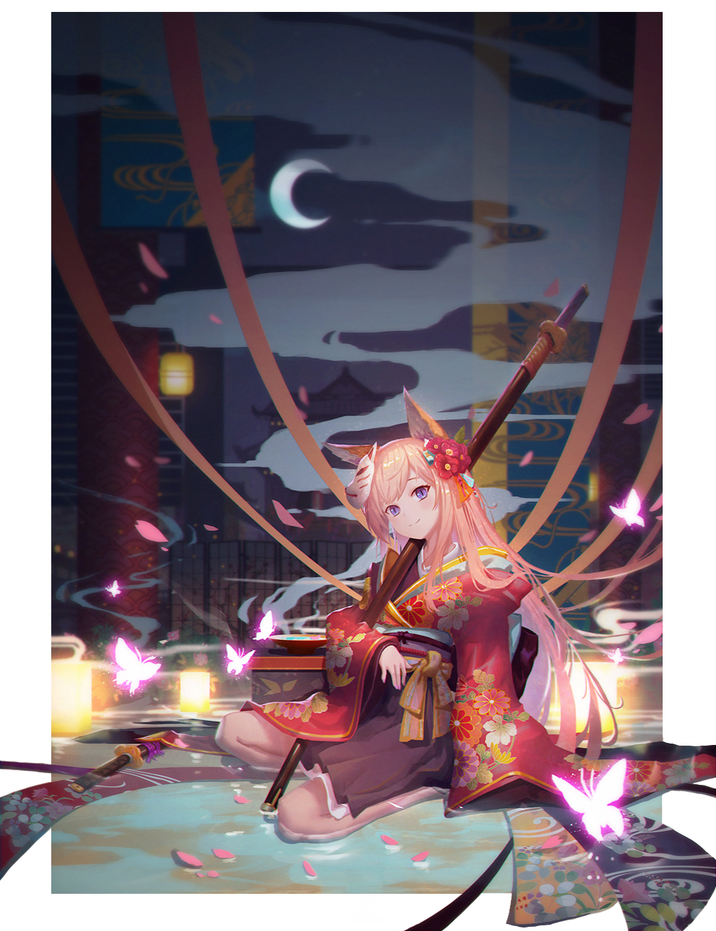 1girl animal_ears black_skirt blush cha_(pixiv12794171) closed_mouth crescent_moon fox_ears highres holding holding_sword holding_weapon japanese_clothes katana kimono long_hair mask mask_on_head moon night original outdoors pink_hair sheath sheathed sitting skirt smile solo spread_legs sword very_long_hair violet_eyes wariza weapon windowboxed