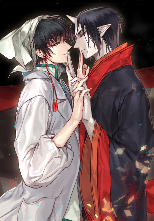 2boys akgi black_background black_hair collared_shirt fingers_to_mouth hakutaku_(hoozuki_no_reitetsu) hand_holding hoozuki_(hoozuki_no_reitetsu) hoozuki_no_reitetsu horn japanese_clothes long_sleeves male_focus multiple_boys oni_horn shirt white_coat