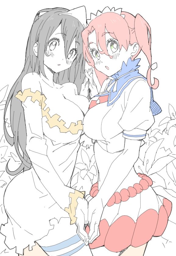 2girls :o black_hair blue_legwear blue_sailor_collar breast_press breasts cleavage commentary_request donguri_suzume dress eyebrows_visible_through_hair from_side green_eyes hair_between_eyes hand_holding hand_up interlocked_fingers large_breasts long_hair looking_at_viewer looking_to_the_side multiple_girls orange_hair original pale_color puffy_short_sleeves puffy_sleeves sailor_collar short_hair short_sleeves striped striped_legwear symmetrical_docking torn_clothes torn_dress triangular_headpiece twintails white_dress