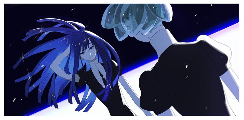 2others ahn androgynous bangs blue_eyes blue_hair blunt_bangs dutch_angle gem_uniform_(houseki_no_kuni) green_hair hand_in_hair hime_cut houseki_no_kuni lapis_lazuli_(houseki_no_kuni) long_hair multiple_others necktie phosphophyllite short_hair smile sparkle spoilers