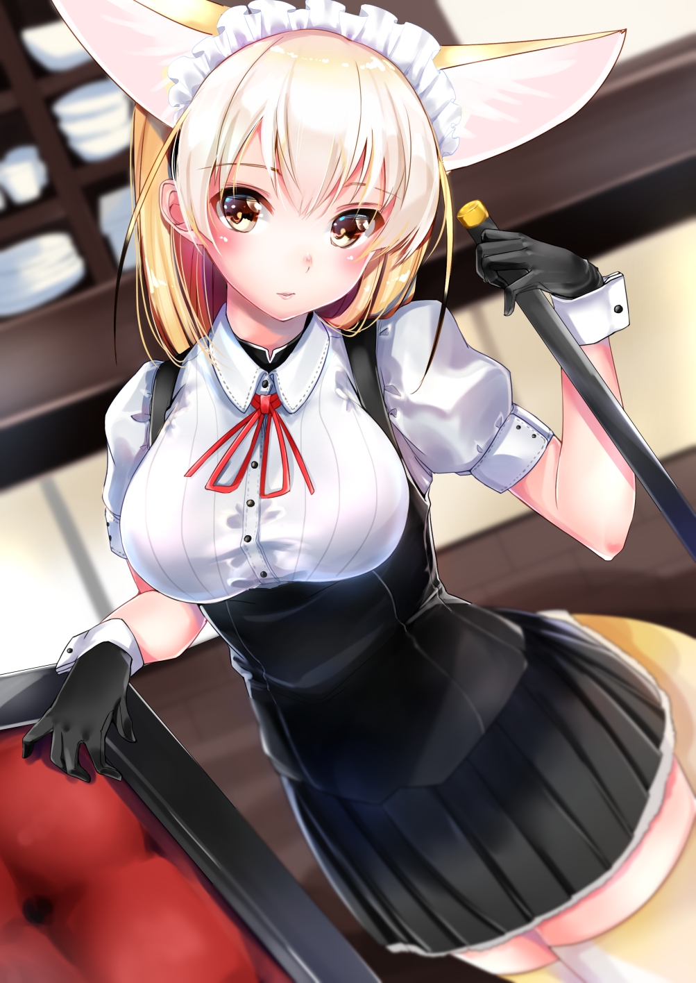 1girl animal_ears black_gloves blonde_hair blurry blurry_background breasts brown_eyes commentary_request dutch_angle extra_ears eyebrows_visible_through_hair fennec_(kemono_friends) fox_ears gloves head_tilt highres kemono_friends kinou_no_shika large_breasts long_hair looking_at_viewer maid_headdress puffy_short_sleeves puffy_sleeves short_sleeves solo thigh-highs underbust wrist_cuffs yellow_legwear zettai_ryouiki