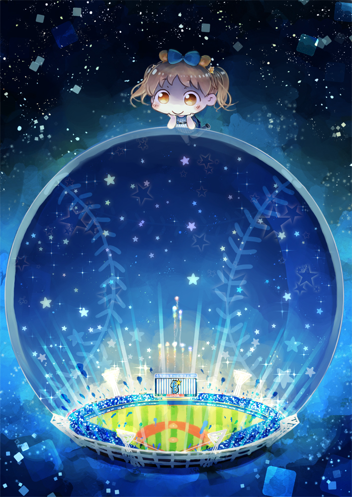 1girl baseball_jersey baseball_stadium bow brown_eyes brown_hair chibi chin_rest fireworks hair_bow hinata_yuu looking_down original smile solo square star twintails