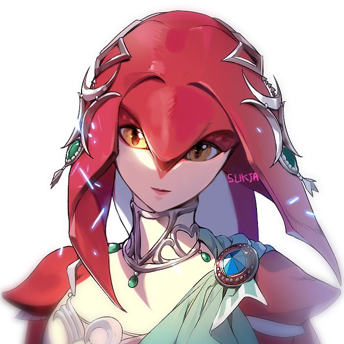 1girl facing_viewer fish_girl gem hair_ornament jewelry looking_at_viewer mipha monster_girl multicolored multicolored_skin necklace no_eyebrows pink_lips pointy_ears red_skin sash solo sukja the_legend_of_zelda the_legend_of_zelda:_breath_of_the_wild yellow_eyes zora