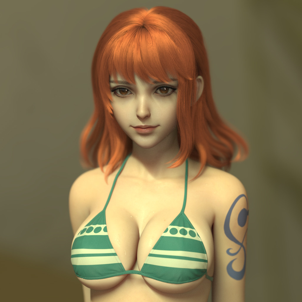 1girl arms_at_sides bangs bikini bikini_top breasts brown_eyes cleavage collarbone green_bikini_top large_breasts long_hair looking_at_viewer nami_(one_piece) one_piece orange_hair shadow shousizhe simple_background solo standing sweat swimsuit tattoo under_boob upper_body wet