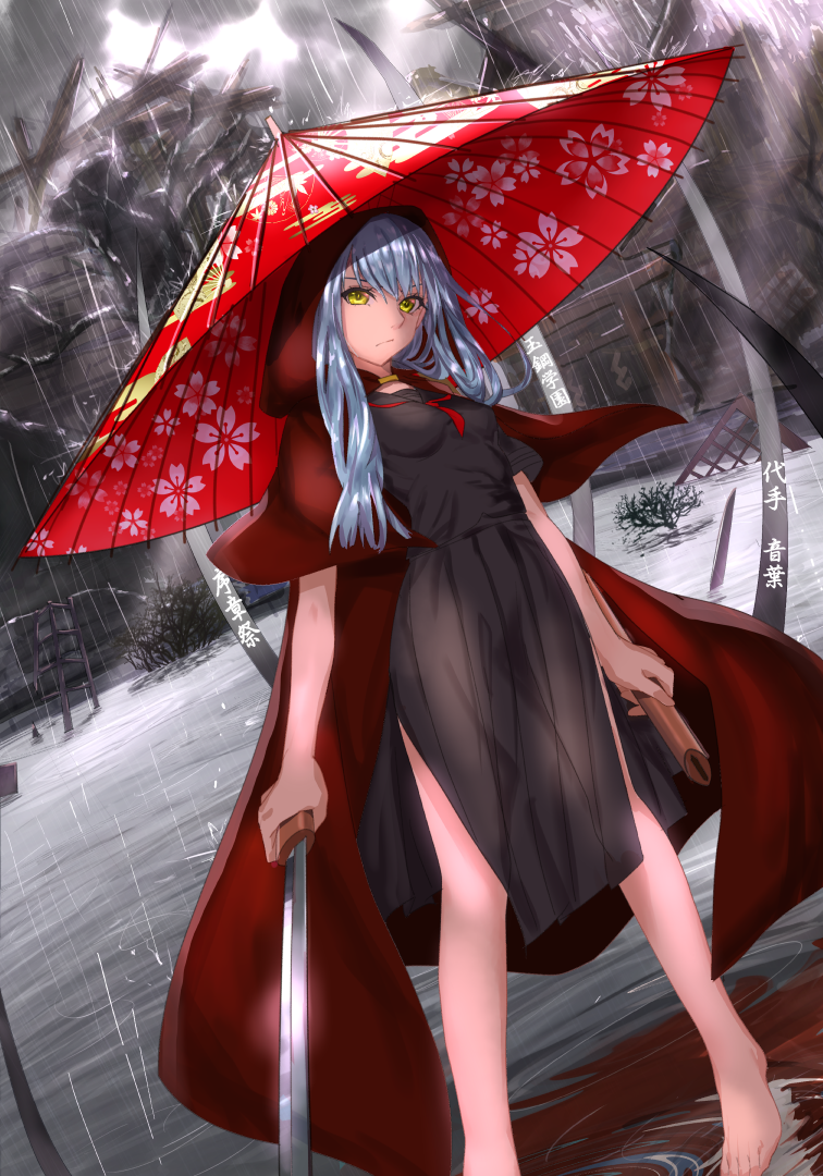 1girl barefoot black_skirt blue_hair breasts cloak dutch_angle floral_print grey_background holding holding_sword holding_weapon long_hair looking_at_viewer outdoors puddle rain red_hood red_umbrella rinsenjakusou sheath skirt small_breasts standing sword touran-sai weapon yellow_eyes