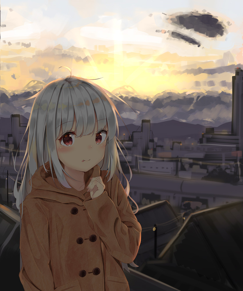 1girl :p bangs blush brown_coat building cityscape closed_mouth clouds coat commentary_request eyebrows_visible_through_hair fingernails hair_between_eyes hand_up hood hood_down hooded_coat long_hair long_sleeves looking_at_viewer mountain original outdoors red_eyes sashima silver_hair sky smile solo sunset tongue tongue_out very_long_hair