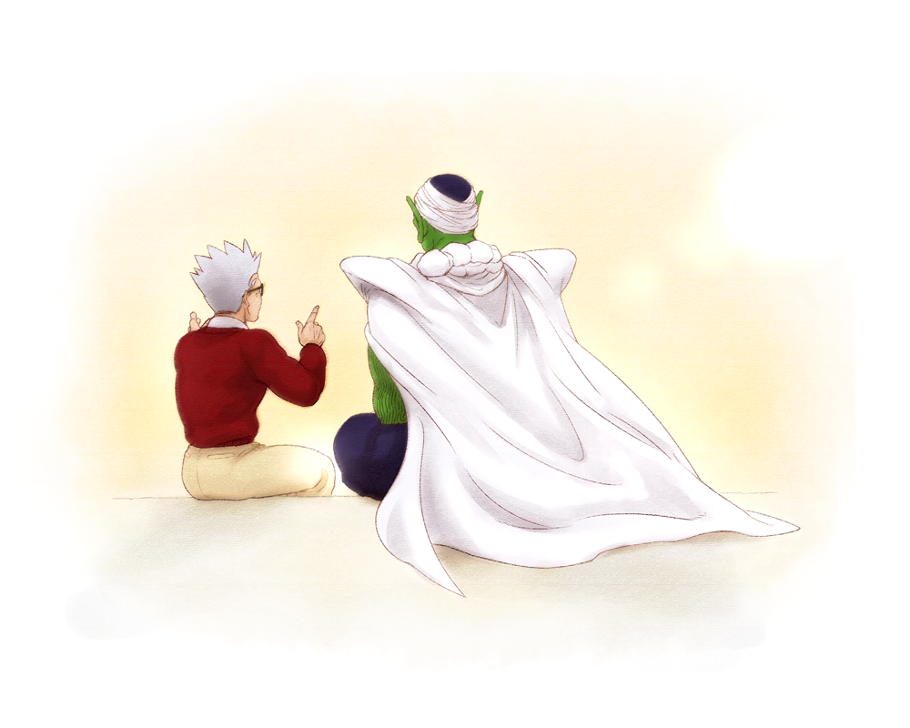2boys back_turned cape dragon_ball dragonball_z glasses gradient gradient_background grey_hair hands_up index_finger_raised long_sleeves looking_away male_focus maruo_(artist) multiple_boys older pants piccolo pointy_ears red_shirt shirt short_hair simple_background sitting son_gohan turban white_shirt