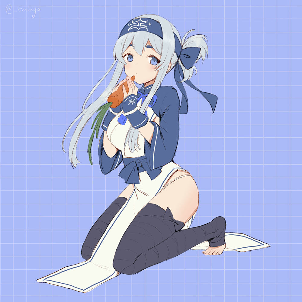 1girl ainu_clothes bandage bandanna blue_background blue_eyes blue_headband carrot cropped_jacket dress emia_wang fingerless_gloves folded_ponytail food gloves hair_between_eyes headband holding holding_food kamoi_(kantai_collection) kantai_collection kneeling long_hair long_sleeves looking_at_viewer panties pelvic_curtain sidelocks sleeveless sleeveless_dress solo thick_eyebrows thigh-highs toeless_legwear toes twitter_username underwear white_dress white_hair white_panties wrist_guards