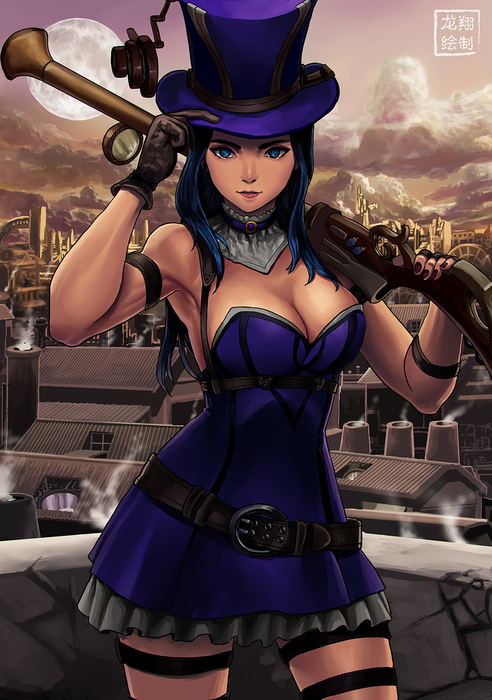 1girl antique_firearm arm_strap belt black_gloves blue_eyes blue_hair blunderbuss breasts caitlyn_(league_of_legends) cityscape cleavage commentary detached_collar dress english_commentary firearm full_moon gloves gun hat highres league_of_legends long_hair looking_at_viewer loose_belt making_of medium_breasts mismatched_gloves moon over_shoulder purple_dress rifle ryu_shou short_dress signature solo steampunk strapless strapless_dress thigh_strap top_hat weapon weapon_over_shoulder