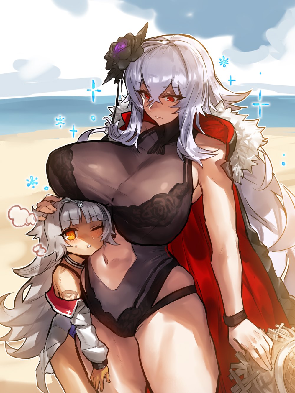 2girls azur_lane bangs beach black_swimsuit blue_swimsuit blunt_bangs blush breasts cape choker eyebrows_visible_through_hair flower fur-trimmed_cape fur_trim graf_zeppelin_(azur_lane) hair_between_eyes hair_flower hair_ornament hat height_difference highres hips huge_breasts jacket long_hair melon22 multiple_girls navel navel_cutout ocean off_shoulder one-piece_swimsuit one_eye_closed open_clothes open_jacket petting red_eyes silver_hair solo sparkle straw_hat sweat swimsuit thighs very_long_hair waist white_jacket yellow_eyes z46_(azur_lane)