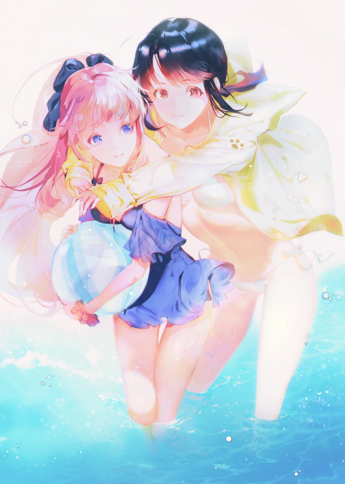 2girls b:_the_beginning ball beachball bikini black_hair blue_bow blue_dress bow character_request closed_mouth commentary_request dress green_jacket hair_bow holding holding_ball hug hug_from_behind jacket long_hair long_sleeves looking_at_viewer multiple_girls open_clothes open_jacket parted_lips pink_hair red_eyes smile swimsuit violet_eyes wading water white_bikini yaku_(ziroken)