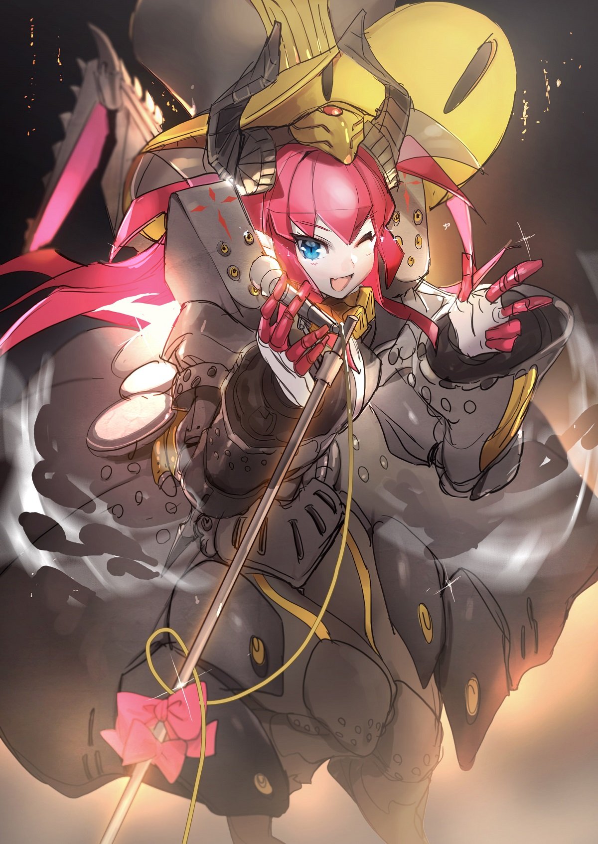 1girl blue_eyes bow charles_babbage_(fate/grand_order) charles_babbage_(fate/grand_order)_(cosplay) cosplay dress elizabeth_bathory_(fate)_(all) fang fate/grand_order fate_(series) hat highres horns mecha_eli-chan microphone microphone_stand no-kan one_eye_closed pink_hair robot wings