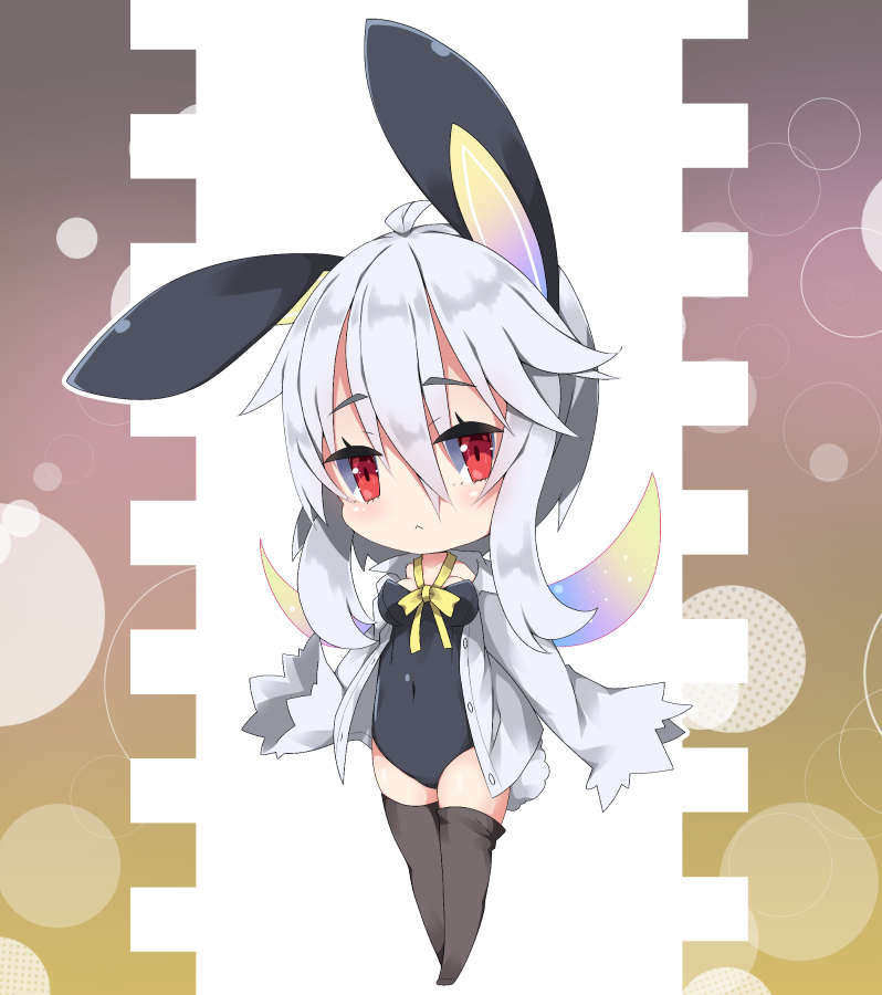 1girl :&lt; animal_ears bangs black_legwear black_leotard blush bow bowtie breasts bunny_girl bunny_tail chibi closed_mouth collared_shirt commentary_request covered_navel dress_shirt eyebrows_visible_through_hair gradient_wings grey_shirt hair_between_eyes leotard long_hair long_sleeves looking_at_viewer medium_breasts milkpanda multicolored multicolored_wings no_shoes open_clothes open_shirt original rabbit_ears red_eyes shirt silver_hair sleeves_past_fingers sleeves_past_wrists solo standing strapless strapless_leotard tail thigh-highs wings yellow_neckwear