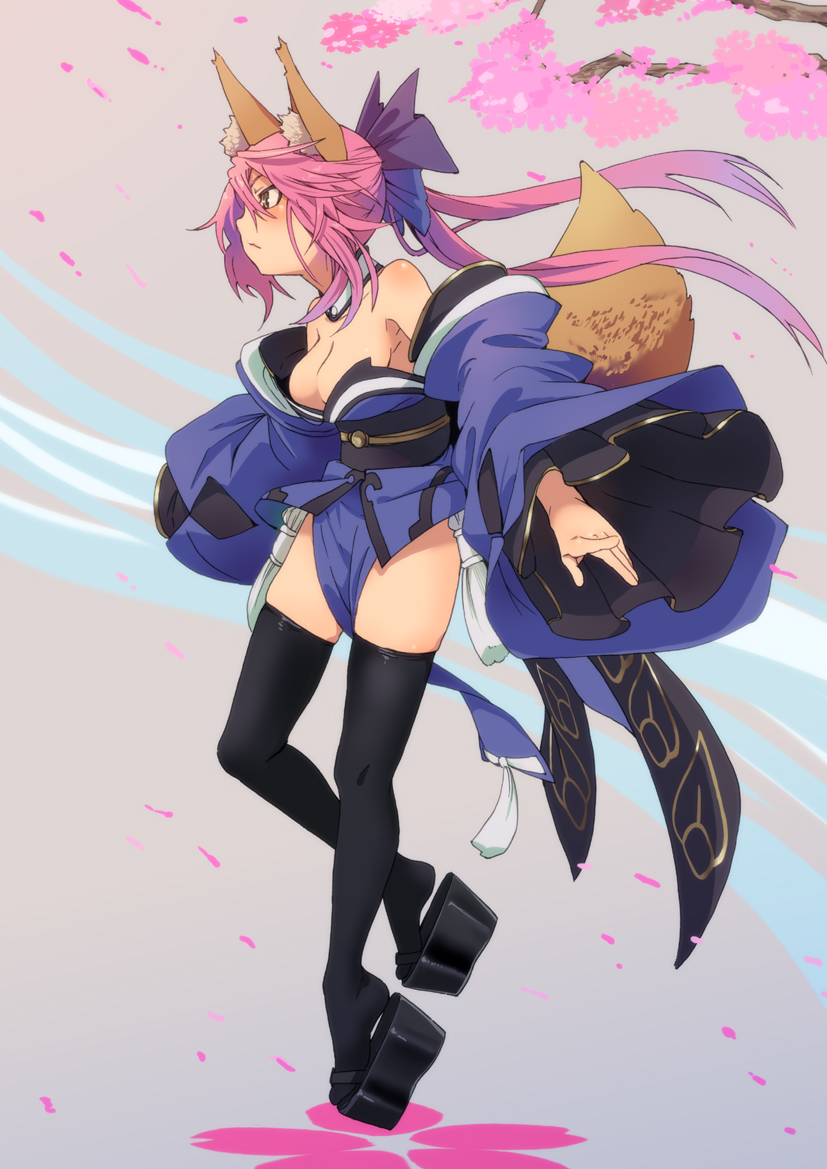 1girl animal_ears bare_shoulders black_legwear blue_bow blue_kimono bow breasts brown_eyes cherry_blossoms closed_mouth commentary_request fate/extra fate/grand_order fate_(series) floating_hair fox_ears fox_tail from_side fu-ta hair_bow japanese_clothes kimono long_hair long_sleeves medium_breasts obi pelvic_curtain pink_hair platform_footwear sandals sash solo tail tamamo_(fate)_(all) tamamo_no_mae_(fate) thigh-highs wide_sleeves