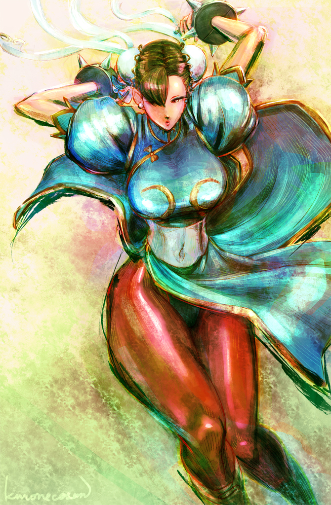 1girl arms_up bangs boots bracelet breasts brown_hair chun-li commentary_request double_bun earrings hair_over_one_eye jewelry knee_boots kuroneco large_breasts lips pantyhose parted_bangs pelvic_curtain puffy_short_sleeves puffy_sleeves short_hair short_sleeves signature simple_background spiked_bracelet spikes street_fighter