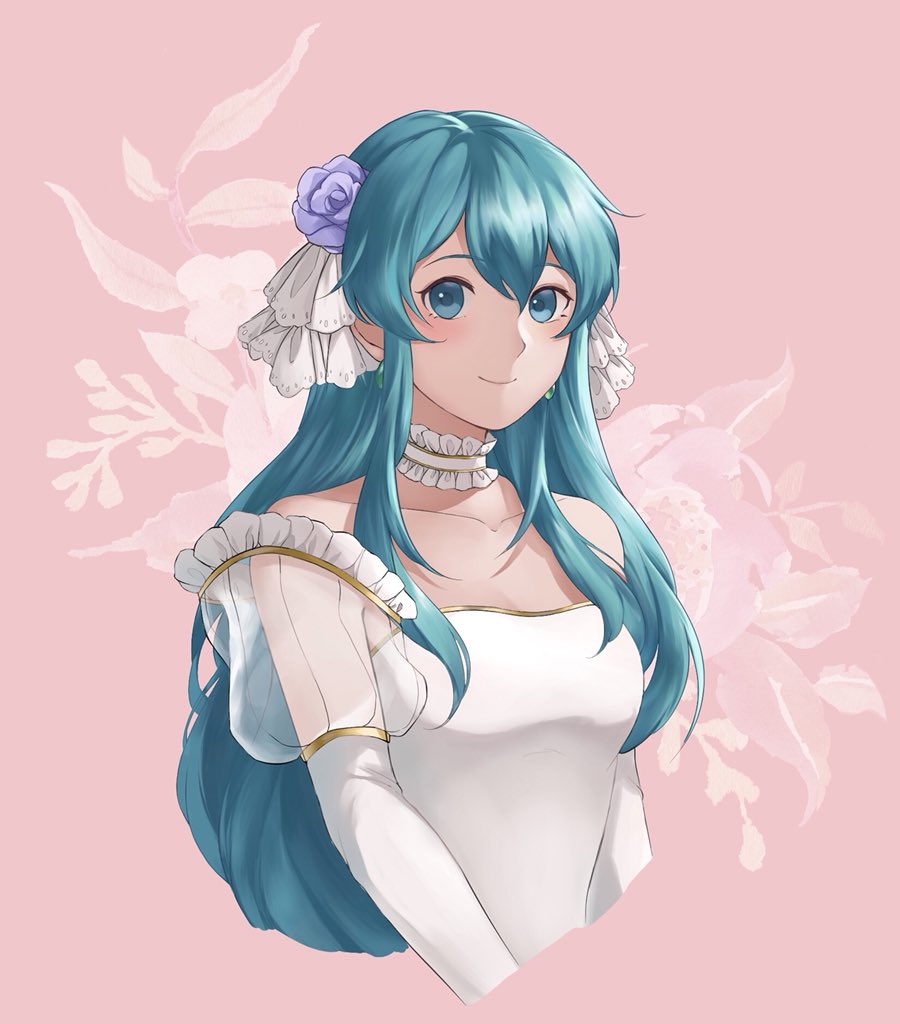 1girl aqua_hair bare_shoulders closed_mouth collar collarbone commentary dress eirika elbow_gloves facing_viewer fire_emblem fire_emblem:_seima_no_kouseki fire_emblem_heroes flower frills gloves green_eyes green_hair hair_between_eyes hair_flower hair_ornament long_hair mayo_(becky2006)_(style) pink_background saerinn smile strapless wedding_dress