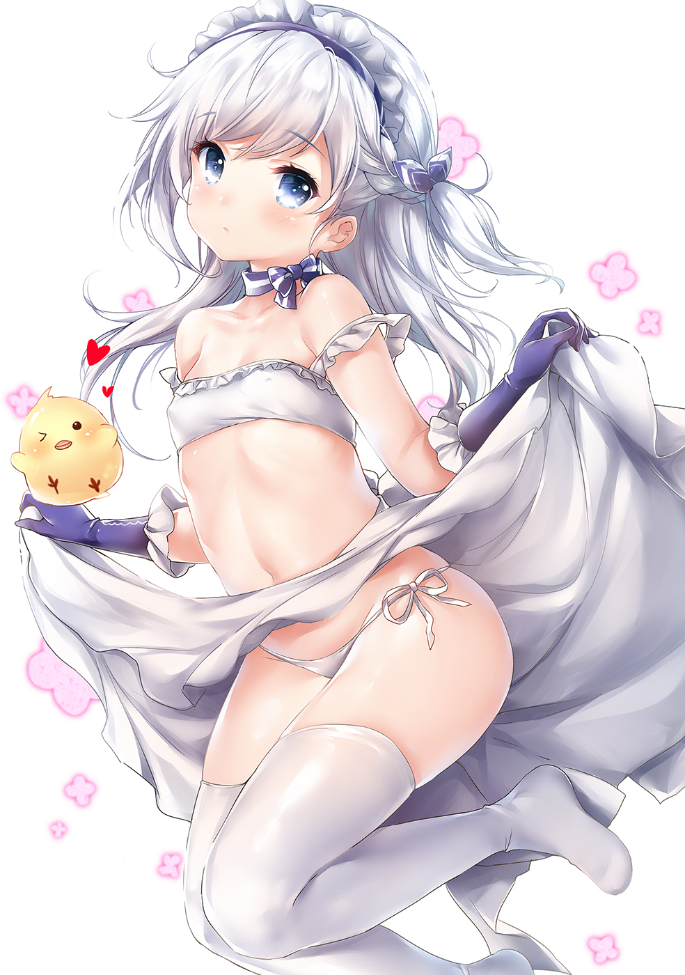 1girl artist_name azur_lane bare_shoulders belchan_(azur_lane) belfast_(azur_lane) blue_eyes blue_gloves bow braid breasts bright_pupils chiyingzai choker commentary_request erect_nipples eyebrows_visible_through_hair french_braid frill_trim gloves highres long_hair long_skirt maid_headdress navel no_shoes one_side_up panties ribbon_choker side-tie_panties side_braid silver_hair simple_background skirt skirt_lift small_breasts solo strapless string_panties thigh-highs tubetop underwear white_background white_legwear white_panties younger