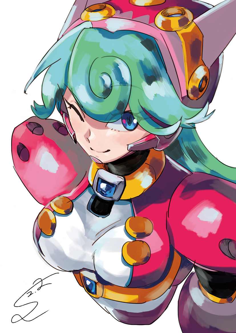 android aqua_hair blue_eyes blush breasts capcom dated eyebrows_visible_through_hair eyes_visible_through_hair from_above headgear helmet long_hair one_eye_closed portrait rockman rockman_x rockman_x_command_mission signature simple_background smile sumomo white_background