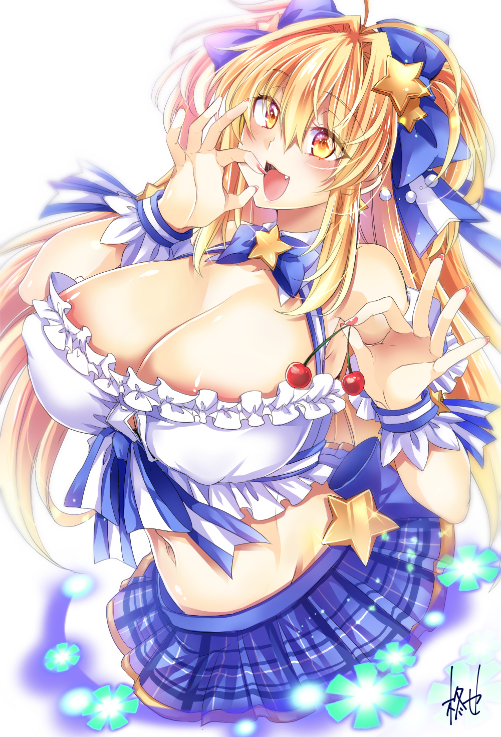 1girl antenna_hair bangs bare_shoulders blonde_hair bow breasts cherry cleavage fangs food fruit gradient_eyes hair_ribbon highres large_breasts midriff multicolored multicolored_eyes navel open_mouth orange_eyes original pleated_skirt ribbon skirt solo takatsuki_arunashi yellow_eyes