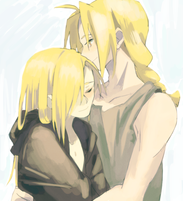 2boys alphonse_elric androgynous antenna_hair bare_arms black_coat black_shirt blonde_hair blue_background braid brothers chest closed_eyes coat covering edward_elric eyelashes fullmetal_alchemist hair_over_one_eye height_difference hug kao_(kaoree) light_smile long_hair looking_away male_focus multiple_boys nude nude_cover profile shirt siblings simple_background sleeveless smile spoilers standing two-tone_background upper_body white_background yellow_eyes