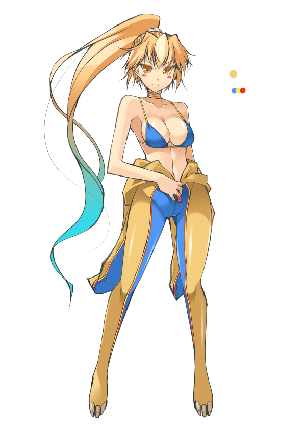1girl bikini blue_bikini blue_hair breasts character_request closed_mouth color_guide contrapposto full_body gradient_hair halterneck large_breasts long_hair looking_at_viewer monster_hunter multicolored_hair navel oota_yuuichi orange_eyes orange_hair personification ponytail simple_background smile solo standing swimsuit very_long_hair wetsuit white_background