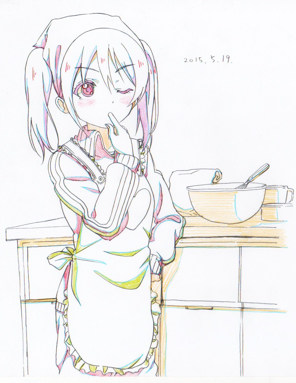 1girl bowl colored_pencil_(medium) dated eyebrows_visible_through_hair finger_licking flour green_apron hand_on_hip head_scarf highres licking long_sleeves love_live! love_live!_school_idol_project one_eye_closed pink_x red_eyes short_hair solo sweater traditional_media twintails whisk wing_collar yazawa_nico