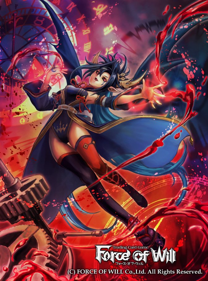 1girl black_hair black_sclera blood blue_hair bodysuit copyright_name fang force_of_will gears hair_ornament hair_stick long_hair multicolored_hair official_art open_mouth pointy_ears red_eyes reiya_(force_of_will) sandals solo two-tone_hair vampire