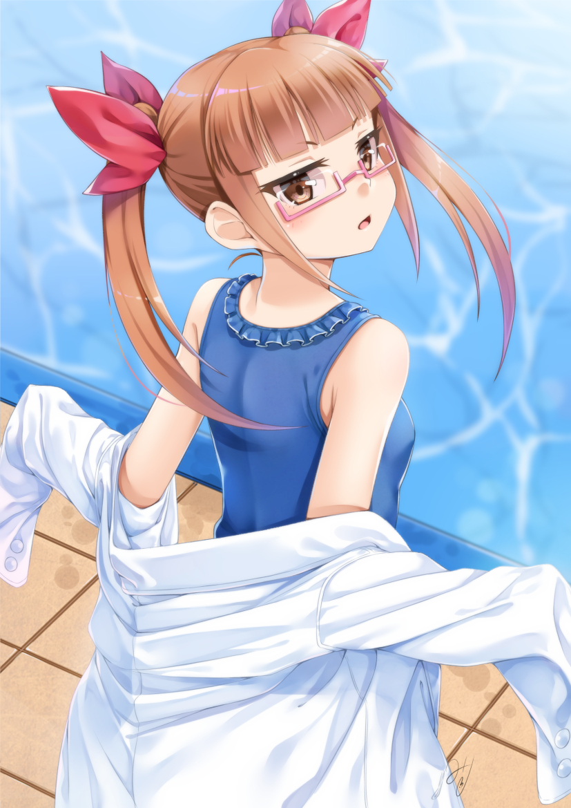 1girl bangs bare_shoulders blue_swimsuit blurry blurry_background blush bow breasts brown_eyes casual_one-piece_swimsuit commentary_request depth_of_field eyebrows_visible_through_hair hair_bow idolmaster idolmaster_cinderella_girls ikebukuro_akiha labcoat light_brown_hair long_sleeves looking_at_viewer looking_back miri_(ago550421) one-piece_swimsuit parted_lips pool red_bow sidelocks signature sleeves_past_fingers sleeves_past_wrists small_breasts solo swimsuit tile_floor tiles twintails water