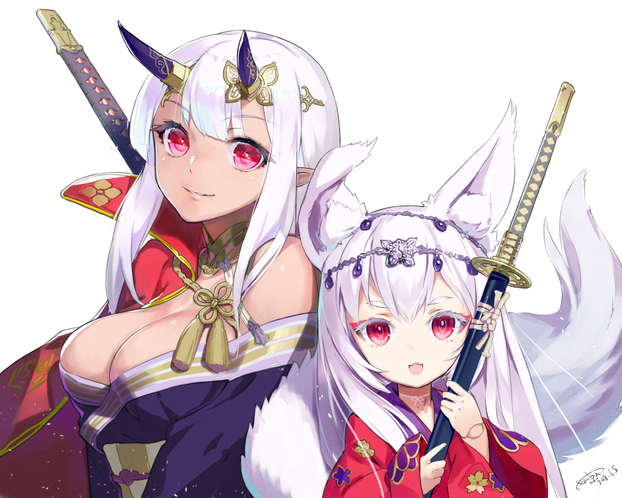 2girls :3 :d animal_ears bangs bare_shoulders breasts cape colored_eyelashes commentary_request dated eyebrows_visible_through_hair floral_print fox_ears fox_girl fox_tail hair_between_eyes hands_up holding holding_sheath horns japanese_clothes katana kimono large_breasts long_hair long_sleeves looking_at_viewer multiple_girls open_mouth original print_kimono purple_kimono red_cape red_eyes red_kimono sanbasou sheath sheathed signature silver_hair simple_background smile sword tail thick_thighs thighs weapon white_background wide_sleeves