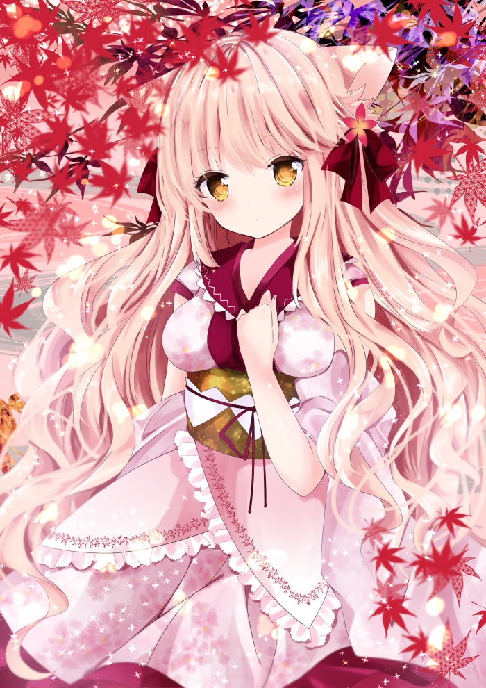 1girl animal_ears autumn_leaves bangs blurry blurry_foreground blush bow breasts brown_eyes cat_ears closed_mouth commentary_request depth_of_field eyebrows_visible_through_hair floral_print hair_between_eyes hair_bow head_tilt japanese_clothes kimono leaf light_brown_hair long_hair looking_at_viewer maple_leaf medium_breasts nanase_kureha nanase_nao obi original pink_kimono print_kimono red_bow sash short_sleeves solo very_long_hair