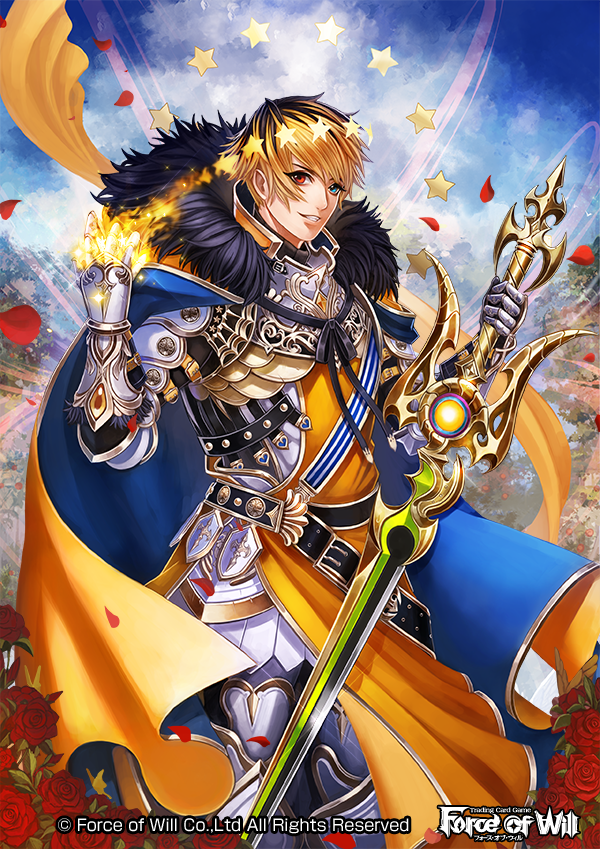 1boy armor black_hair blonde_hair blue_eyes cape copyright_name flower force_of_will fur_trim gauntlets gloves grimmia_(force_of_will) heterochromia male_focus multicolored_hair official_art petals red_eyes rose sky solo sparkle star sword teeth two-tone_hair weapon