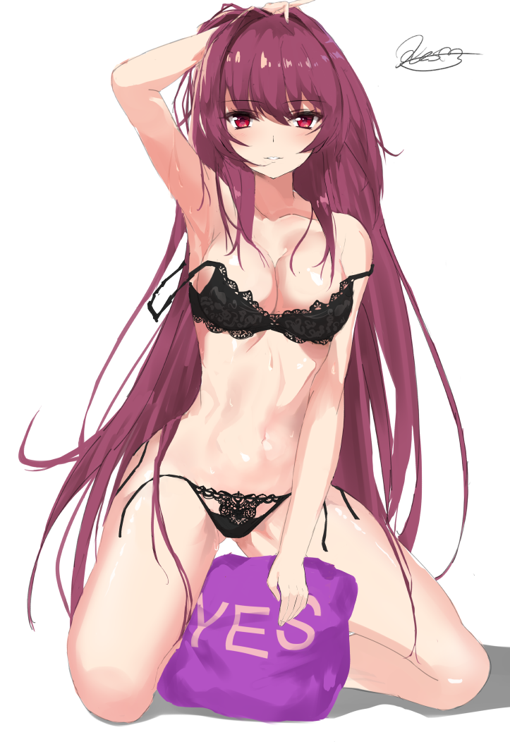 1girl arm_up bangs black_bra black_panties bra breasts cleavage collarbone eyebrows_visible_through_hair fate/grand_order fate_(series) kesoshirou lace lace-trimmed_bra lace-trimmed_panties large_breasts lingerie long_hair looking_at_viewer navel panties parted_lips purple_hair red_eyes scathach_(fate/grand_order) signature sketch solo strap_slip underwear underwear_only yes-no_pillow