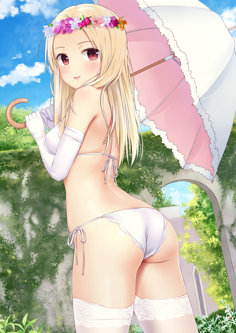 1girl ass bangs bikini blonde_hair blush breasts day elbow_gloves flower_wreath from_behind gloves halterneck head_wreath highres lace lace-trimmed_bikini long_hair looking_back n.g. original outdoors parasol parted_bangs side-tie_bikini small_breasts smile solo swimsuit thigh-highs umbrella violet_eyes white_bikini white_gloves white_legwear